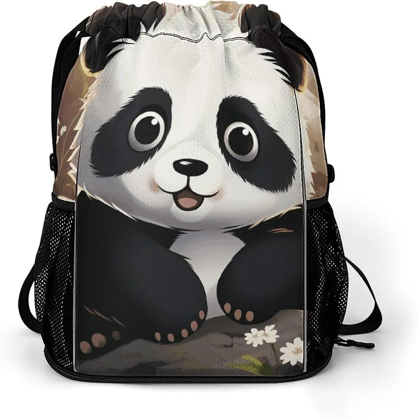 Large Sports Drawstring Backpack Panda Animal Printed with Dry-Wet Separation | Digital Print Gym Sack | Waterproof Fabric | Shoe Compartment & PVC Pocket | Hydration Mesh for Fitness, Travel, Work