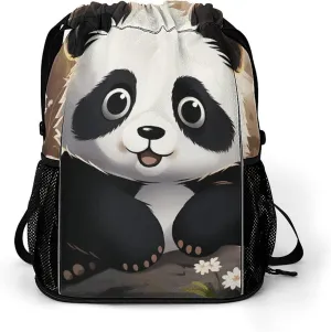 Large Sports Drawstring Backpack Panda Animal Printed with Dry-Wet Separation | Digital Print Gym Sack | Waterproof Fabric | Shoe Compartment & PVC Pocket | Hydration Mesh for Fitness, Travel, Work