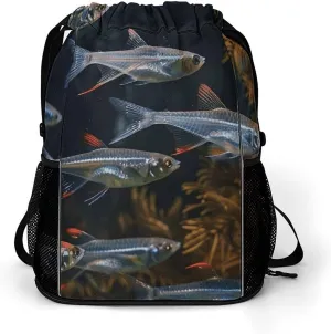 Large Sports Drawstring Backpack Transparent Fish Swimming Printed with Dry-Wet Separation | Digital Print Gym Sack | Waterproof Fabric | Shoe Compartment & PVC Pocket | Hydration Mesh for Fitness, Tr