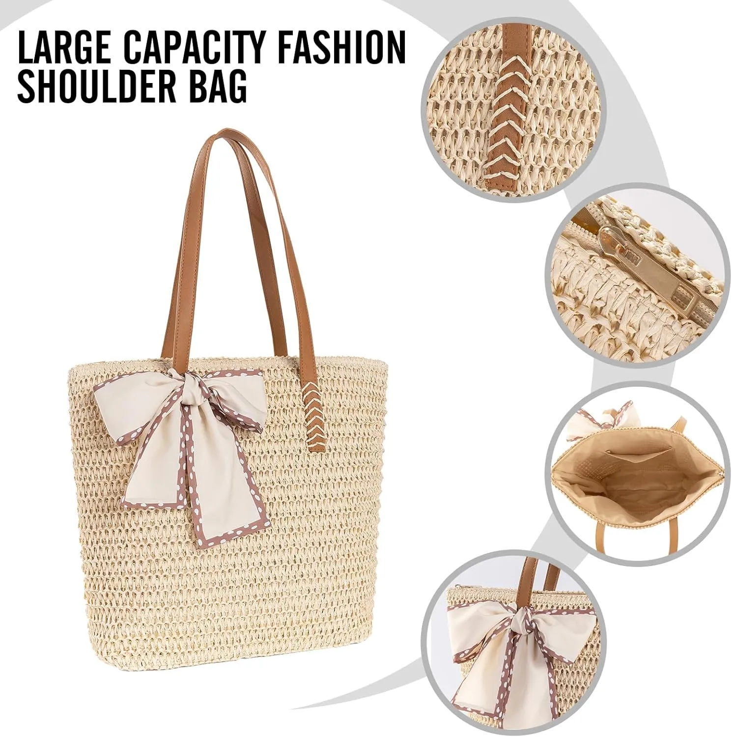 Large Straw Beach Bag: Women's Handwoven Tote with Zipper Pocket - 2025 Lightweight Summer Purse for Travel & Work