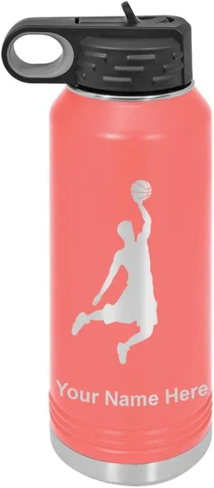 LaserGram Personalized Water Bottle, Basketball Slam Dunk Man, Stainless Steel Double Wall Vacuum Insulated with Flip Top Straw, Custom Engraved Gift (32oz / 950ml Coral)