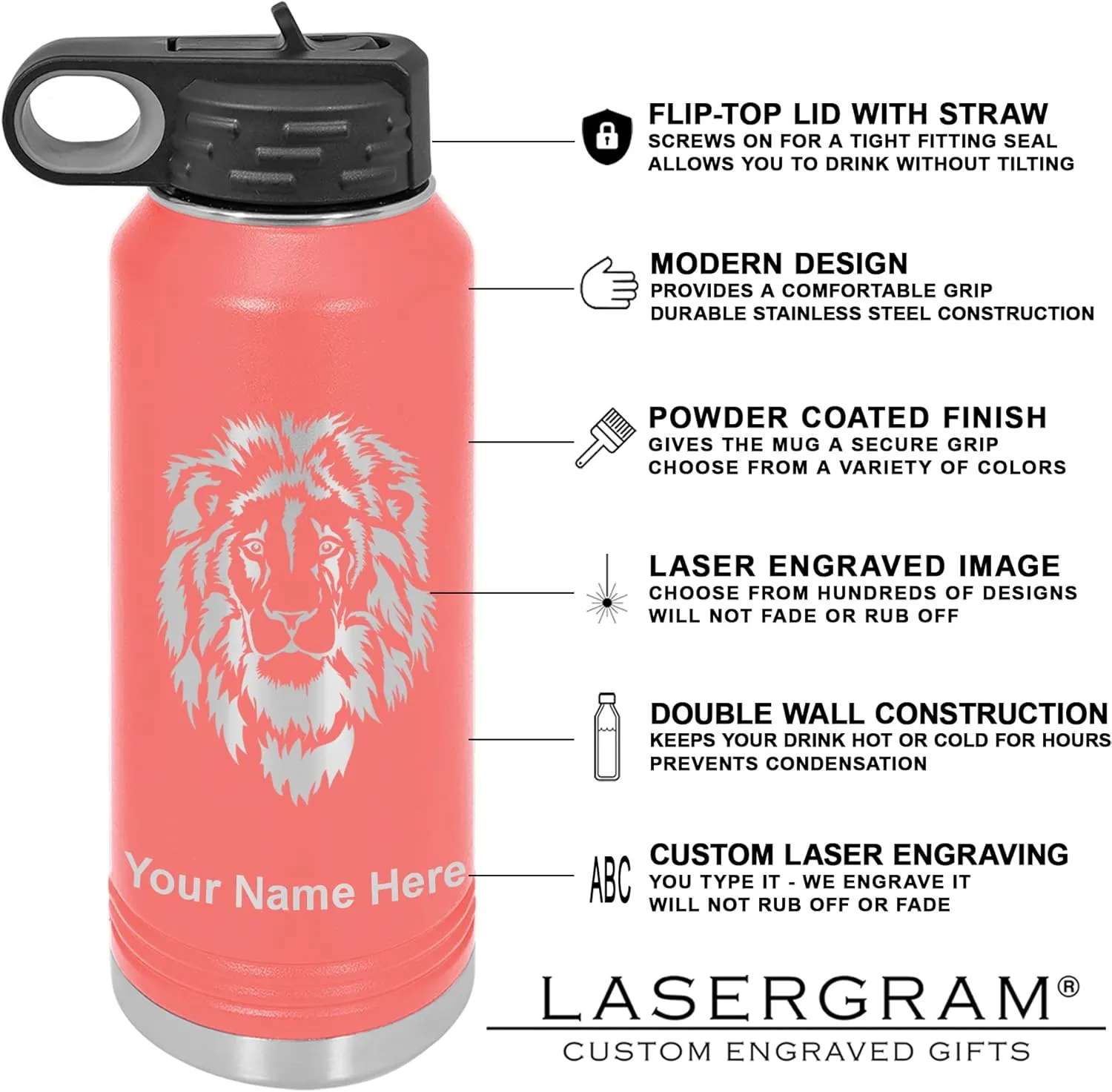 LaserGram Personalized Water Bottle, Basketball Slam Dunk Man, Stainless Steel Double Wall Vacuum Insulated with Flip Top Straw, Custom Engraved Gift (32oz / 950ml Coral)