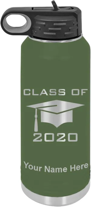 LaserGram Personalized Water Bottle, Grad Cap Class of 2023, 2024, 2025, 2026, 2027, Stainless Steel Double Wall Vacuum Insulated with Flip Top Straw, Custom Engraved Gift (40oz / 1180ml Camo Green)