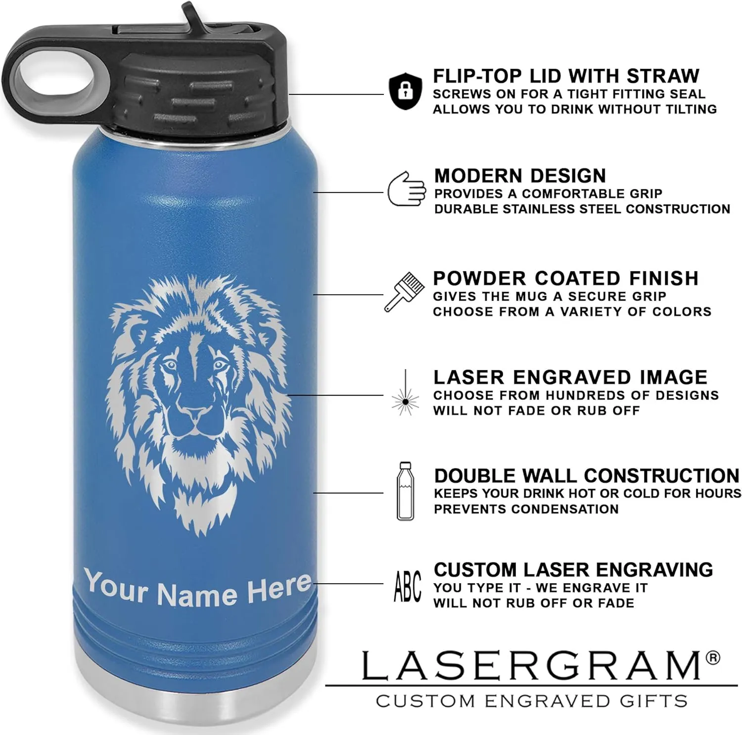 LaserGram Personalized Water Bottle, Great White Shark, Stainless Steel Double Wall Vacuum Insulated with Flip Top Straw, Custom Engraved Gift (40oz / 1180ml Dark Blue)