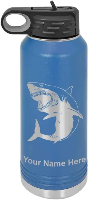 LaserGram Personalized Water Bottle, Great White Shark, Stainless Steel Double Wall Vacuum Insulated with Flip Top Straw, Custom Engraved Gift (40oz / 1180ml Dark Blue)