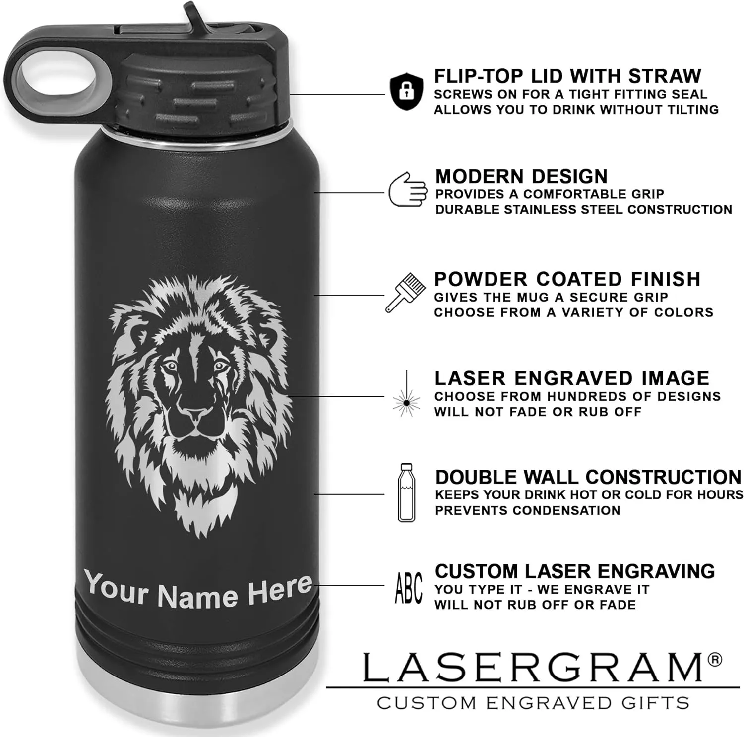 LaserGram Personalized Water Bottle, Karate Man, Stainless Steel Double Wall Vacuum Insulated with Flip Top Straw, Custom Engraved Gift (40oz / 1180ml Black)