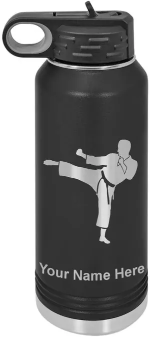 LaserGram Personalized Water Bottle, Karate Man, Stainless Steel Double Wall Vacuum Insulated with Flip Top Straw, Custom Engraved Gift (40oz / 1180ml Black)