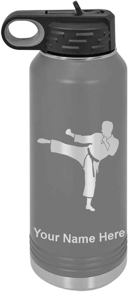 LaserGram Personalized Water Bottle, Karate Man, Stainless Steel Double Wall Vacuum Insulated with Flip Top Straw, Custom Engraved Gift (40oz / 1180ml Gray)