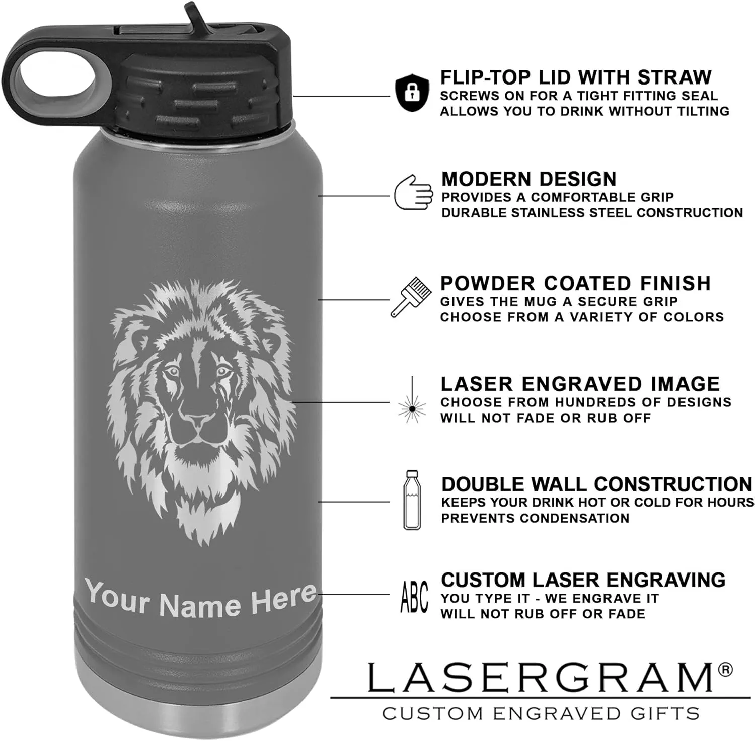 LaserGram Personalized Water Bottle, Karate Man, Stainless Steel Double Wall Vacuum Insulated with Flip Top Straw, Custom Engraved Gift (40oz / 1180ml Gray)