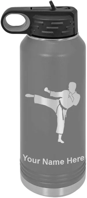 LaserGram Personalized Water Bottle, Karate Man, Stainless Steel Double Wall Vacuum Insulated with Flip Top Straw, Custom Engraved Gift (40oz / 1180ml Gray)