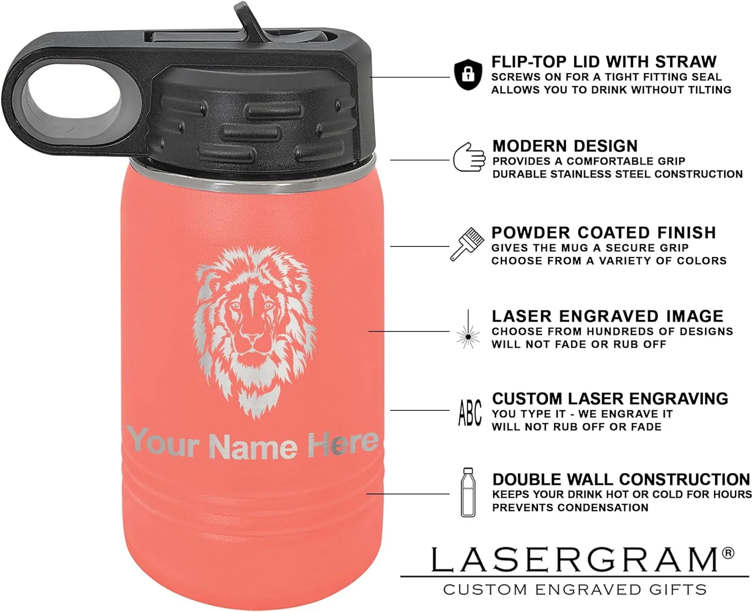 LaserGram Personalized Water Bottle, Tyrannosaurus Rex Dinosaur, Stainless Steel Double Wall Vacuum Insulated with Flip Top Straw, Custom Engraved Gift (12oz / 335ml Coral)
