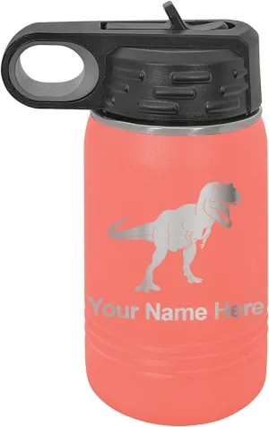 LaserGram Personalized Water Bottle, Tyrannosaurus Rex Dinosaur, Stainless Steel Double Wall Vacuum Insulated with Flip Top Straw, Custom Engraved Gift (12oz / 335ml Coral)