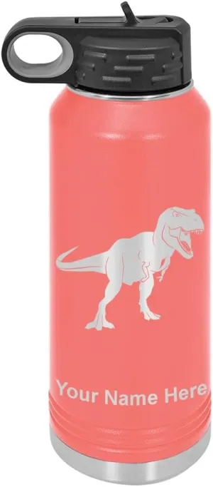 LaserGram Personalized Water Bottle, Tyrannosaurus Rex Dinosaur, Stainless Steel Double Wall Vacuum Insulated with Flip Top Straw, Custom Engraved Gift (40oz / 1180ml Coral)