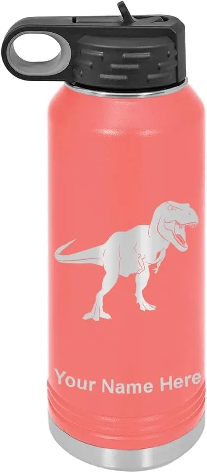 LaserGram Personalized Water Bottle, Tyrannosaurus Rex Dinosaur, Stainless Steel Double Wall Vacuum Insulated with Flip Top Straw, Custom Engraved Gift (40oz / 1180ml Coral)