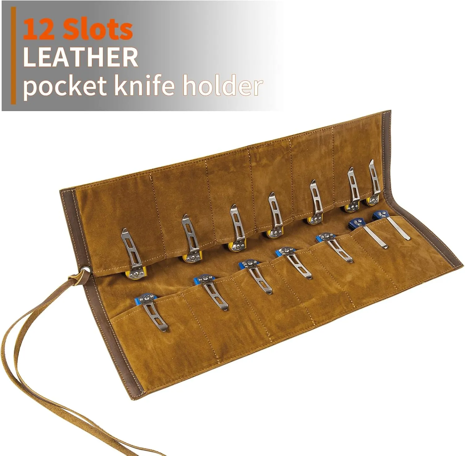 leather Knife Display Bag with 12 Slots Pocket Knives,Folding Knife Holder Organizer,Tactical Outdoor for EDC Mini Knife Bags, leather knife roll Collection Protector Bag