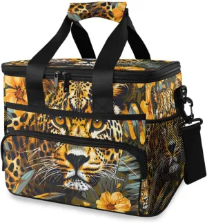 Leopard Flowers Forest Animals Cooler Bag Insulated Cooler Soft Sided Cooler 24 Can Portable Picnic Bag Large Leakproof Lunch Bag Box for Beach Grocery Camping Travel Car Men Women