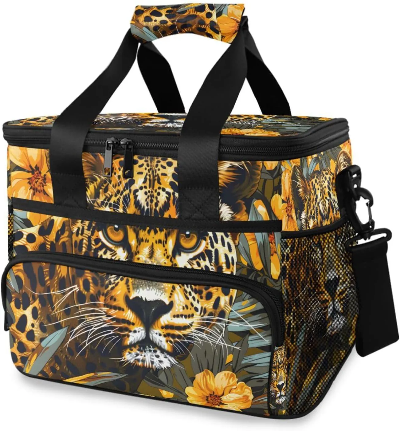Leopard Flowers Forest Animals Cooler Bag Insulated Cooler Soft Sided Cooler 24 Can Portable Picnic Bag Large Leakproof Lunch Bag Box for Beach Grocery Camping Travel Car Men Women