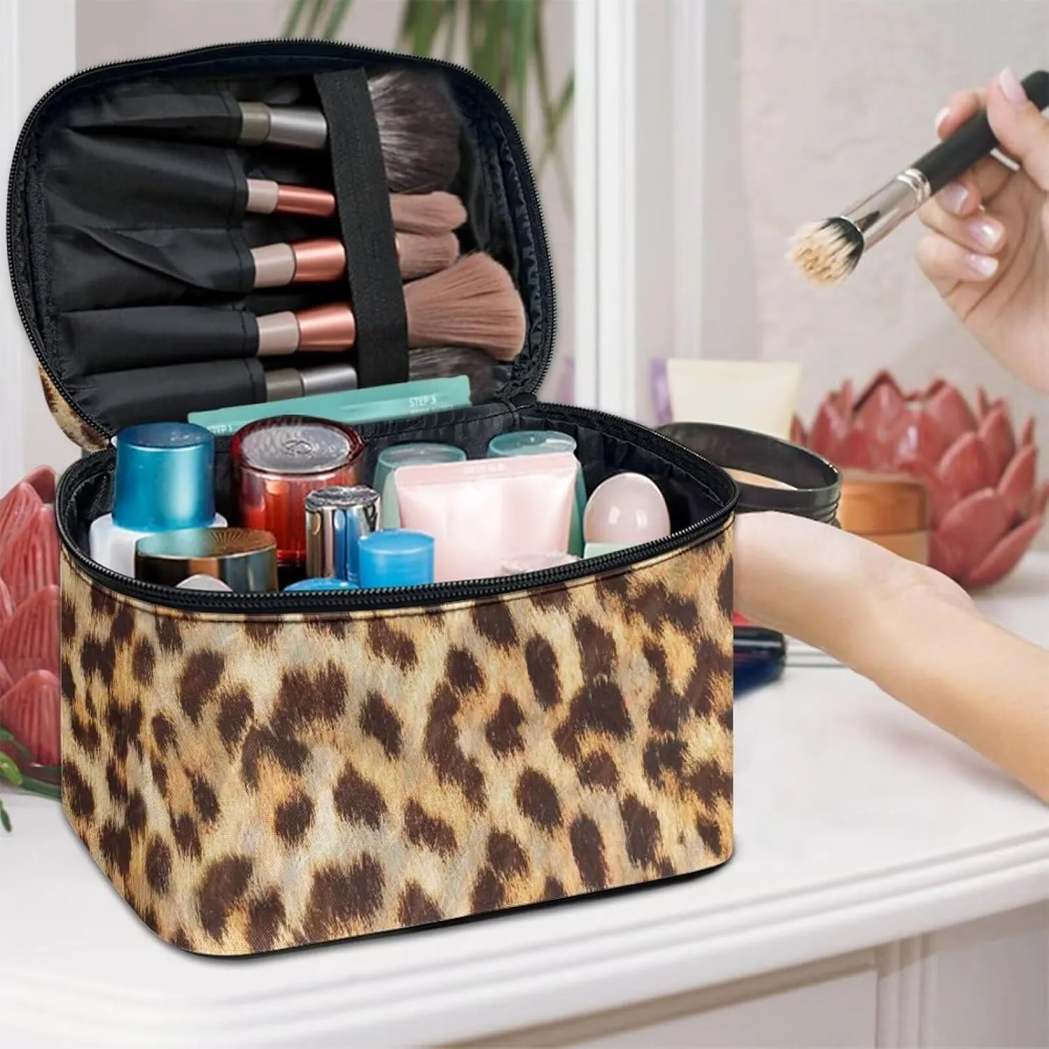 Leopard Makeup Bag Cosmetic Bag with Handle Lightweight Makeup Storage Organizer Toiletry Bag, Birthday Gift for Girls Women