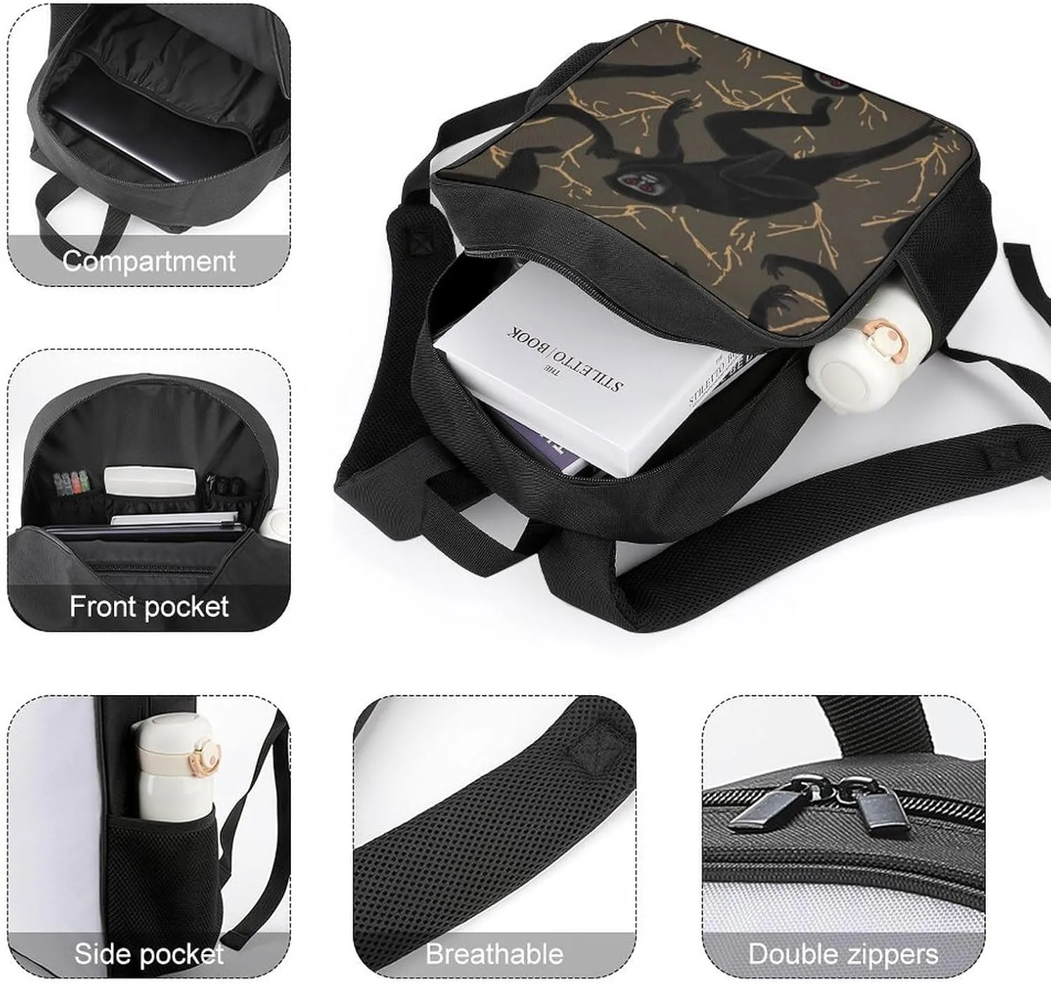 Lightweight Backpacks Cute Travel Bag Durable Black Gibbon Monkey Printing Small Travel Backpack For Women & Men