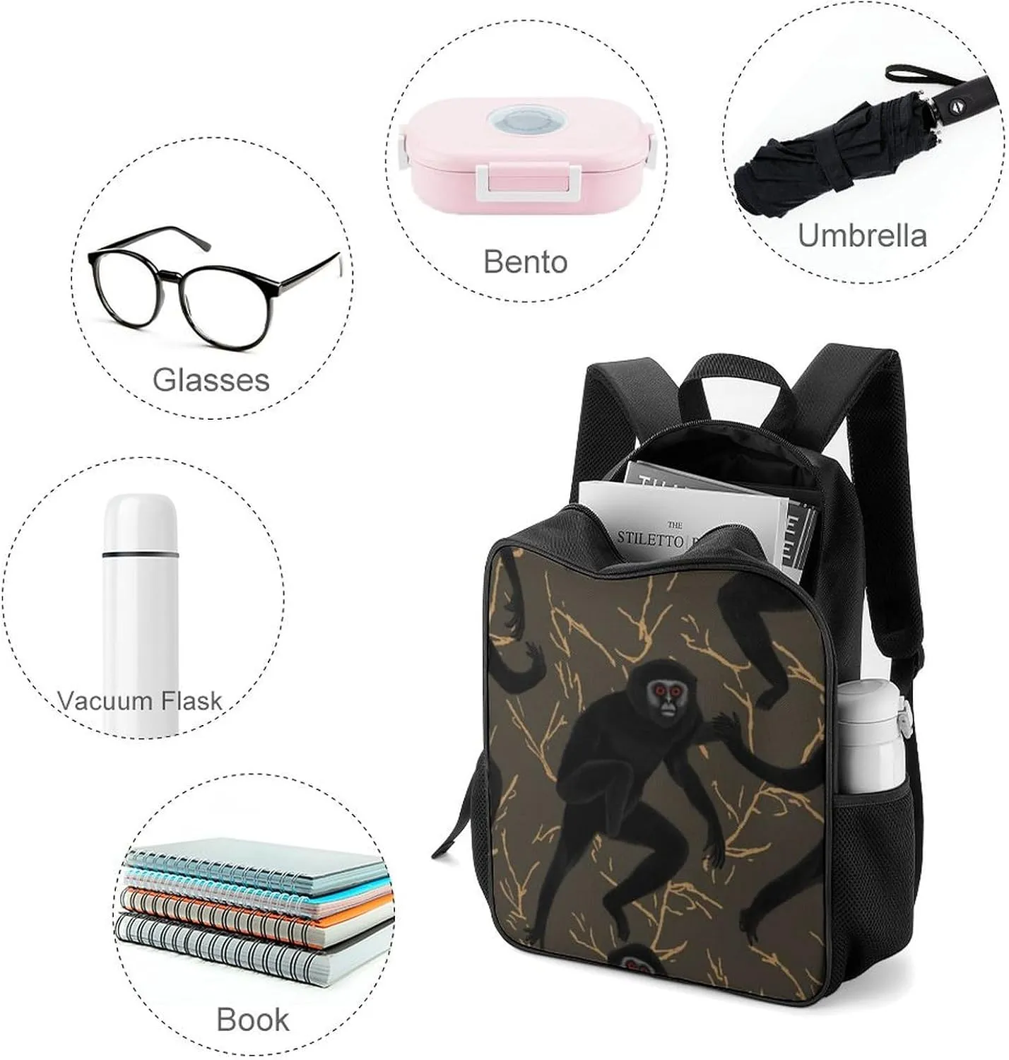 Lightweight Backpacks Cute Travel Bag Durable Black Gibbon Monkey Printing Small Travel Backpack For Women & Men