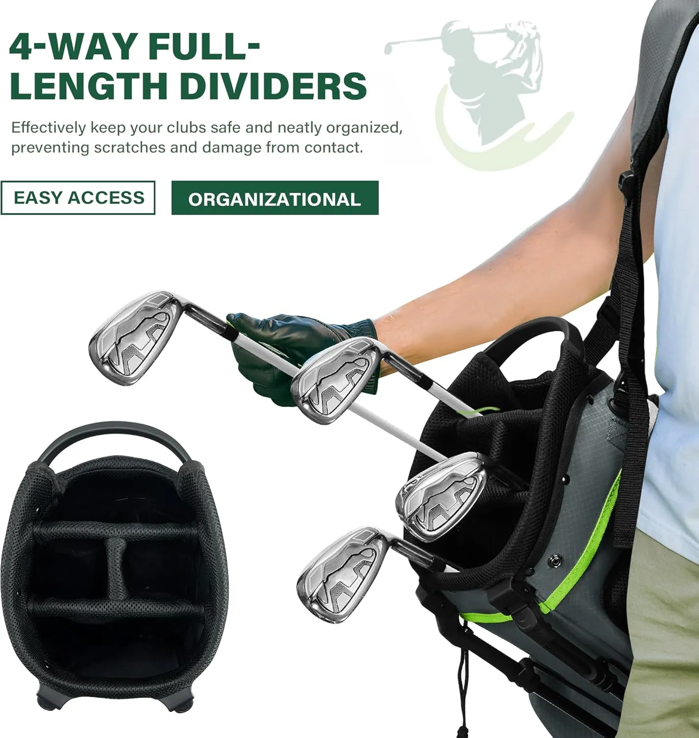 Lightweight Golf Stand Bag with 4-Way Full-Length Divider, Foldable Base & Dual Straps