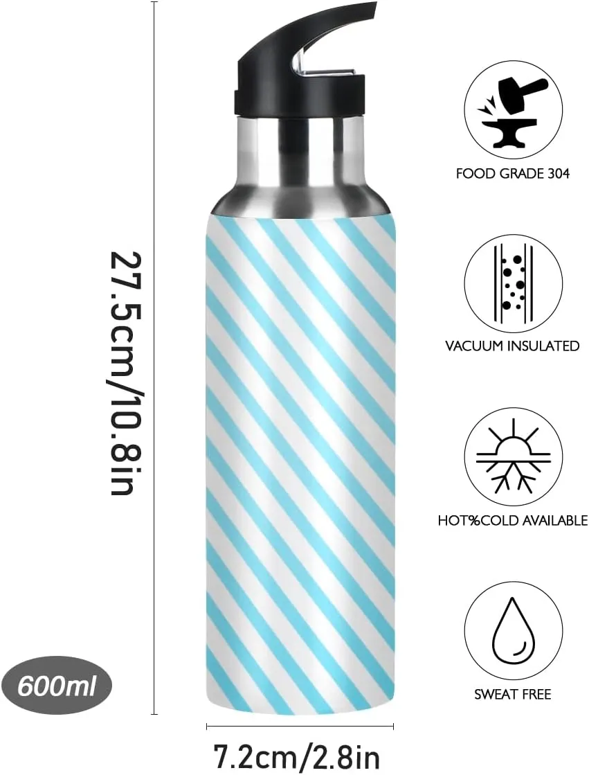 linqin Blue Stripe Stainless Steel Insulated Water Bottle with Straw, BPA Free Leakproof Reusable Drink Jug for Fitness Sports Hiking Outdoors