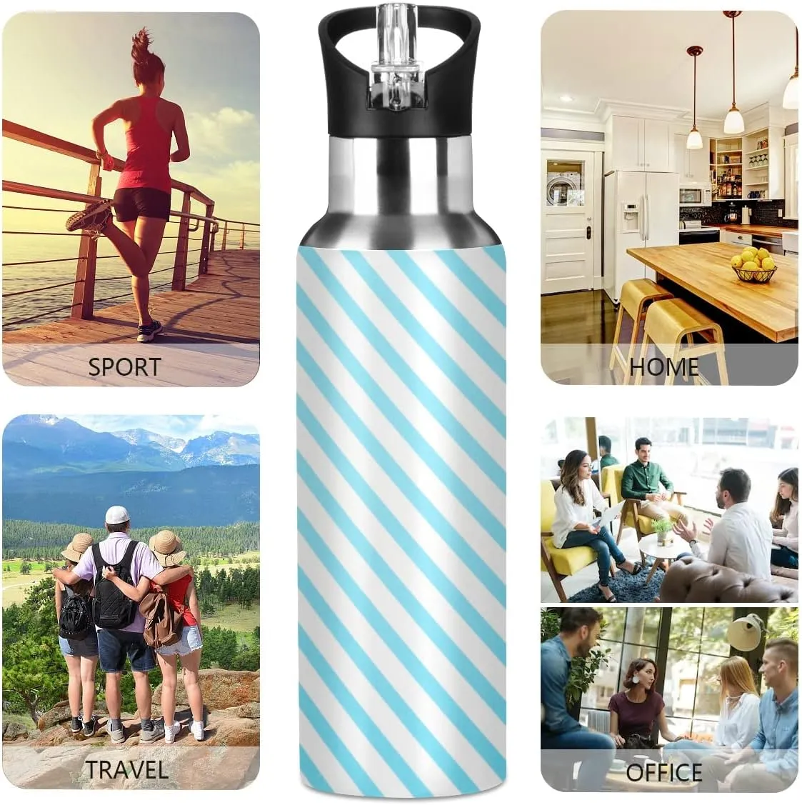 linqin Blue Stripe Stainless Steel Insulated Water Bottle with Straw, BPA Free Leakproof Reusable Drink Jug for Fitness Sports Hiking Outdoors