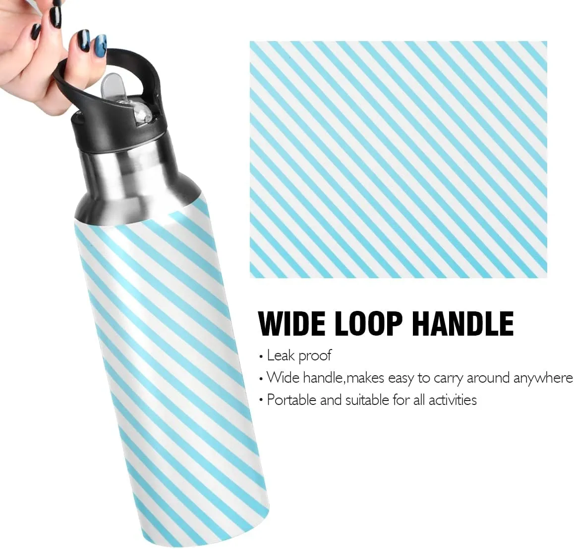 linqin Blue Stripe Stainless Steel Insulated Water Bottle with Straw, BPA Free Leakproof Reusable Drink Jug for Fitness Sports Hiking Outdoors