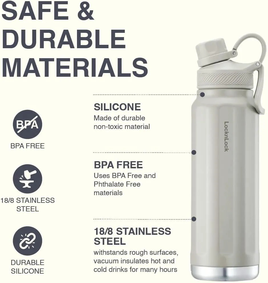 LocknLock Trek Bottle Stainless Steel Double Wall Insulated, 32 oz, Ivory