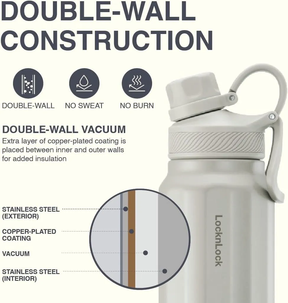 LocknLock Trek Bottle Stainless Steel Double Wall Insulated, 32 oz, Ivory