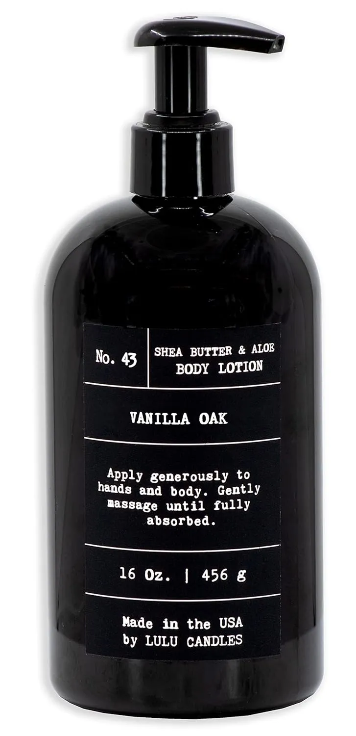 Lulu Candles | Vanilla Oak | Moisturizing Body Lotion | Soothing Shea Butter & Aloe | Gentle Lotion Nourishes Dry Skin With Moisture, No Paraben, Dye Free, Non-Greasy - 16 Fl. Oz