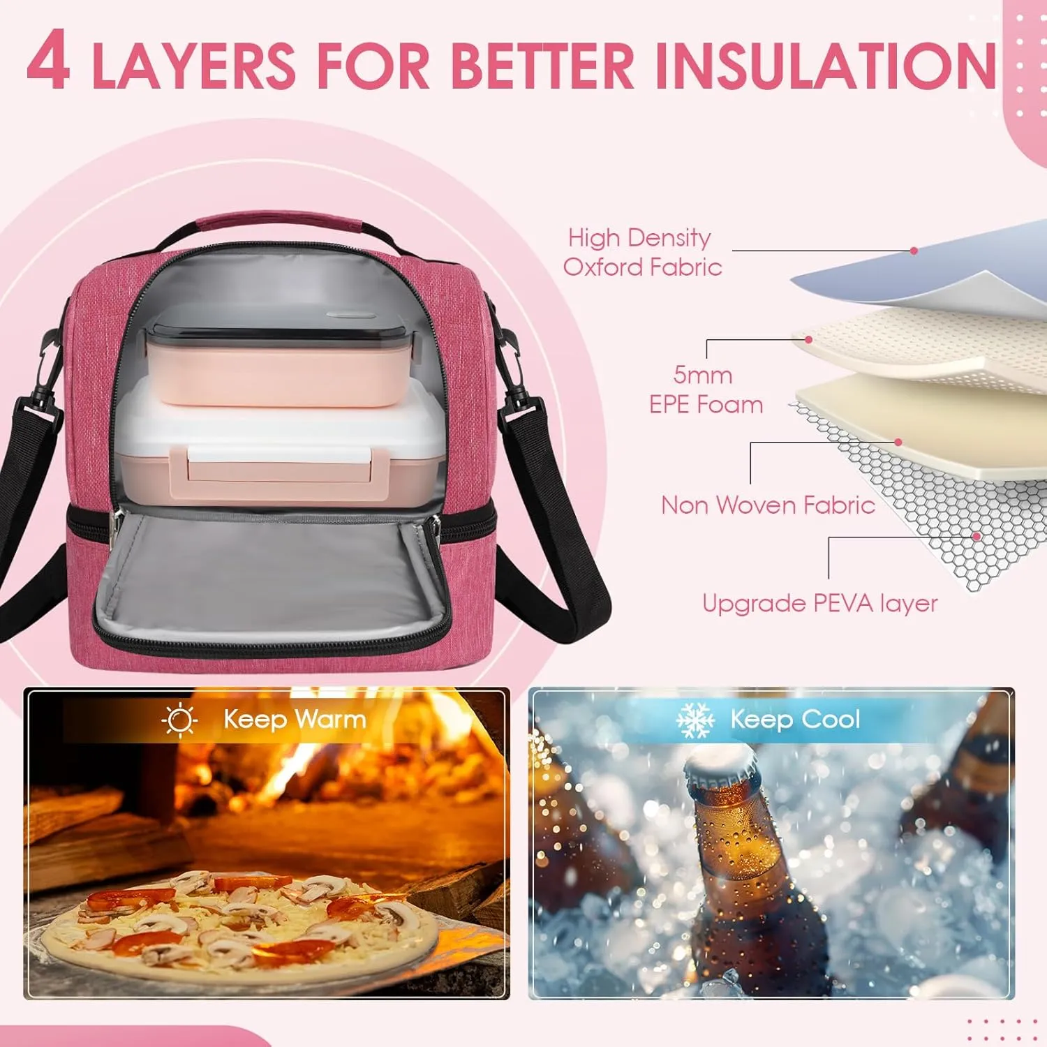 Lunch Box Lunch Bag for Women Men Reusable Insulated Lunch Bag Women Lunch Cooler Tote Bags with Adjustable Shoulder Strap for Office Work Picnic Travel, Rose Red