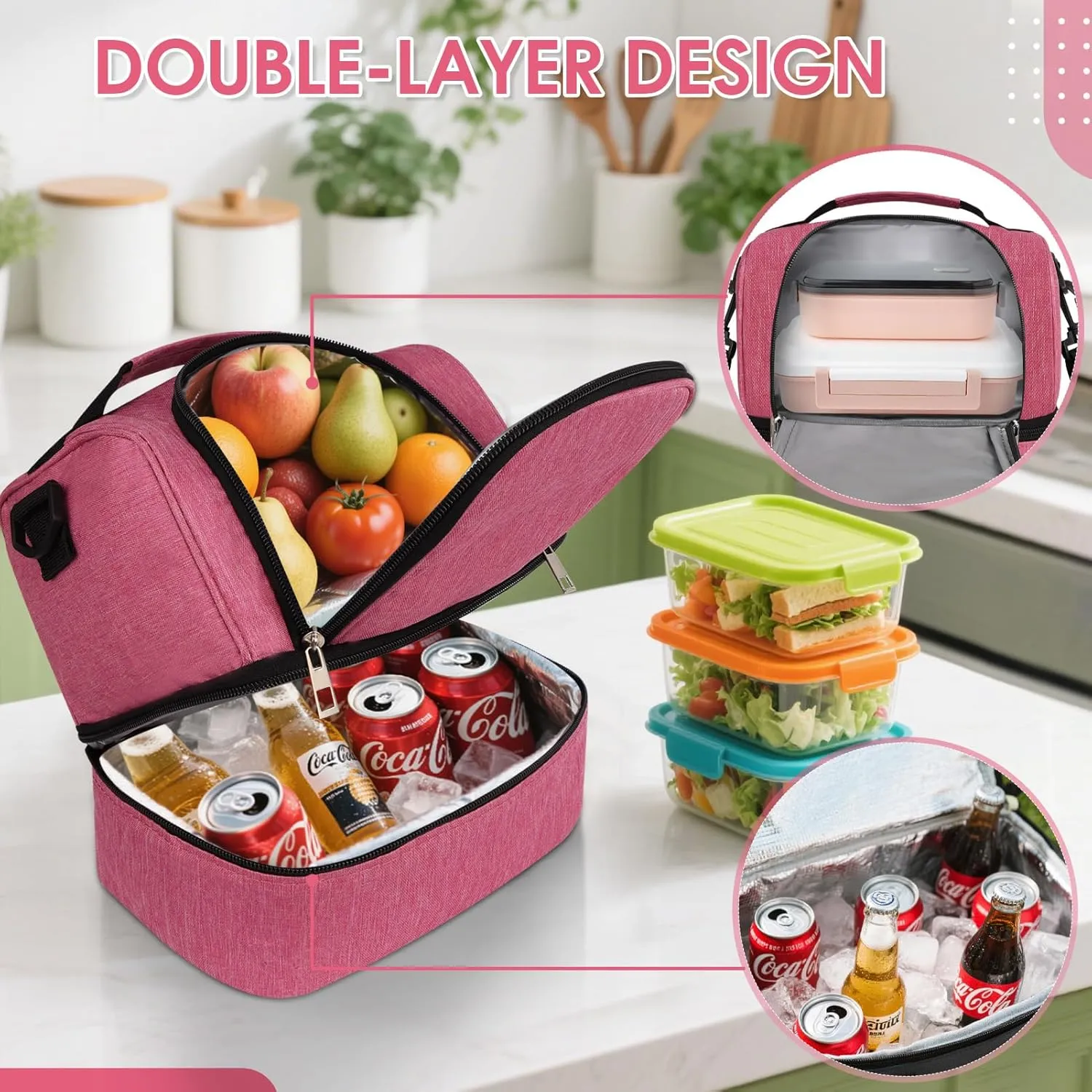 Lunch Box Lunch Bag for Women Men Reusable Insulated Lunch Bag Women Lunch Cooler Tote Bags with Adjustable Shoulder Strap for Office Work Picnic Travel, Rose Red