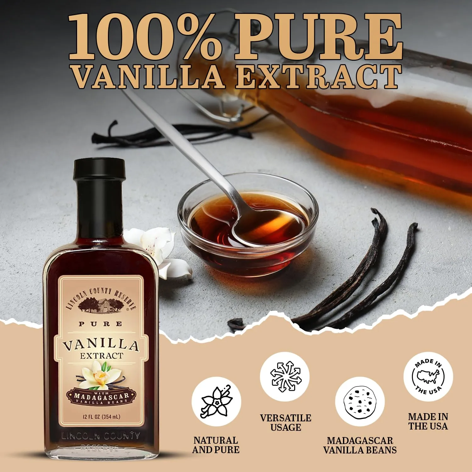 Madagascar Bourbon Pure Vanilla Extract, 12oz glass bottle. Pure Vanilla Extract for Baking and Cooking, Extracted and bottled in the USA by Lincoln County Reserve. Sugar Free and Gluten Free.
