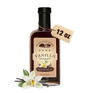 Madagascar Bourbon Pure Vanilla Extract, 12oz glass bottle. Pure Vanilla Extract for Baking and Cooking, Extracted and bottled in the USA by Lincoln County Reserve. Sugar Free and Gluten Free.