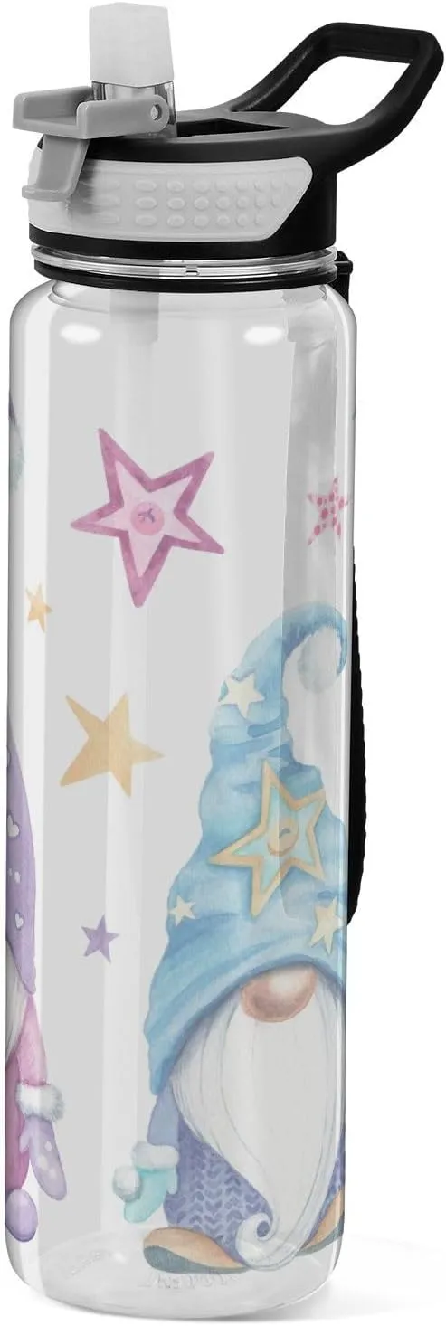 Magic Gnomes with Stars Water Bottle with Straw, BPA-Free Plastic Sports Water Bottle for Fitness, Gym, Camping, Outdoor Sports,32 oz