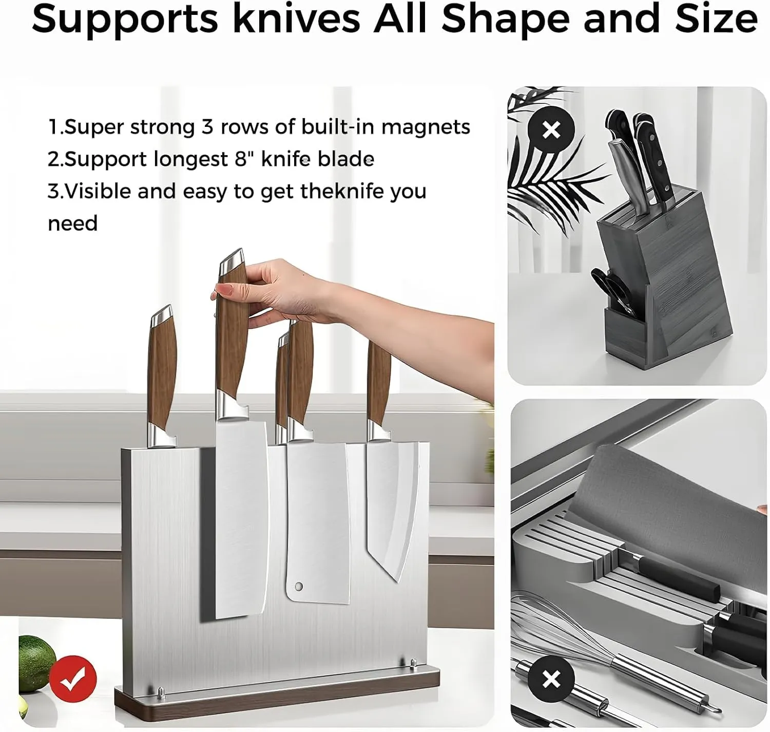 Magnetic Knife Holder Stand,Stainless Steel Magnetic Knife Block Without Knives,Power Magnetic Knife Rack Strip,Double Sided Magnet Knife Storage Organizer