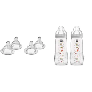 MAM Bottle Nipples Slow Flow Nipple Level 1, for Newborns and Older, SkinSoft Silicone Nipples & Easy Active Bottle 11 oz (2-Count), Fast Flow Bottles, 4  Month, Unisex, Gray