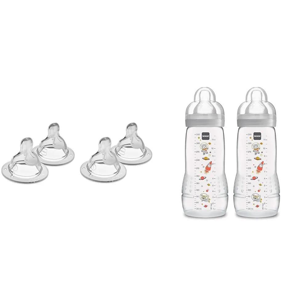MAM Bottle Nipples Slow Flow Nipple Level 1, for Newborns and Older, SkinSoft Silicone Nipples & Easy Active Bottle 11 oz (2-Count), Fast Flow Bottles, 4  Month, Unisex, Gray
