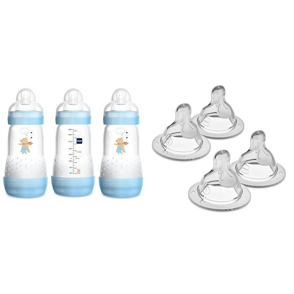 MAM Easy Start Anti-Colic 9 oz Baby Bottles (3-Count) Bundle with Slow & Medium Flow Nipples (4-Pack) for Breastfed Babies