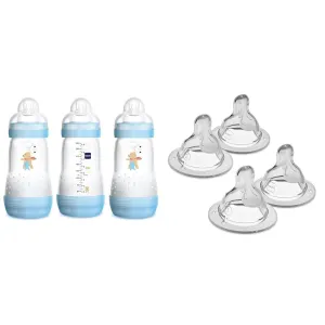 MAM Easy Start Anti-Colic 9 oz Baby Bottles (3-Count) Bundle with Slow & Medium Flow Nipples (4-Pack) for Breastfed Babies