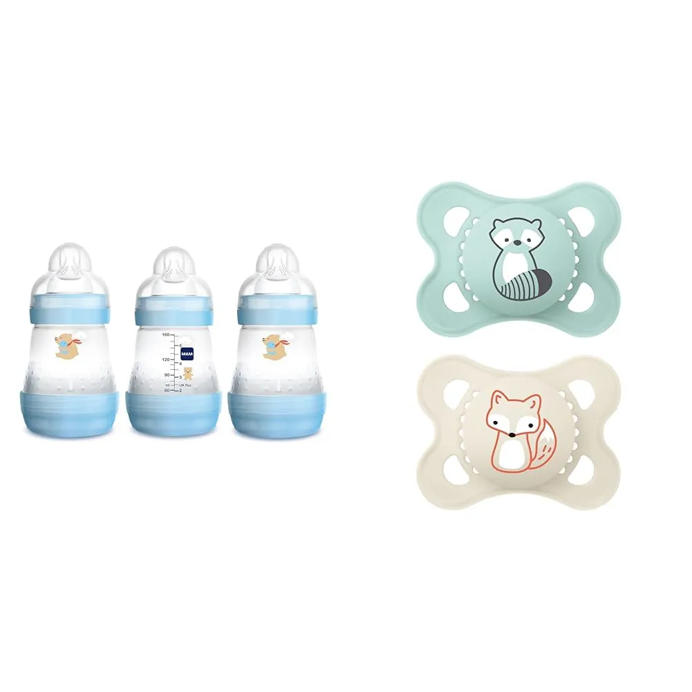 MAM Easy Start Anti Colic Baby Bottle 3 Pack, MAM Original Matte Baby Pacifier 2 Pack for Boy, 0-6 Months