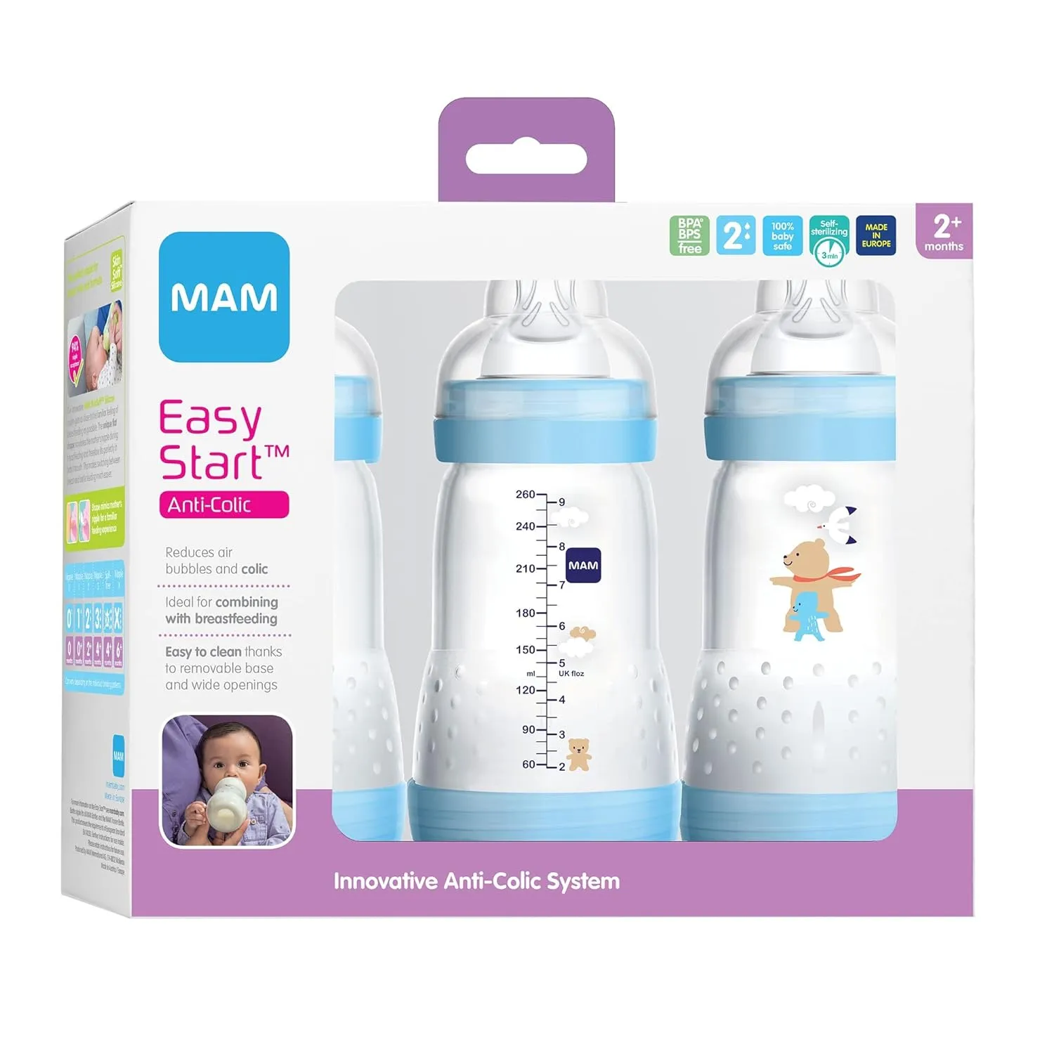 MAM Easy Start Anti-Colic Bottle 9 oz (3-Count), Baby Essentials, Medium Flow Bottles & Bottle Nipples Slow Flow Nipple Level 1, for Newborns and Older, SkinSoft Silicone Nipples