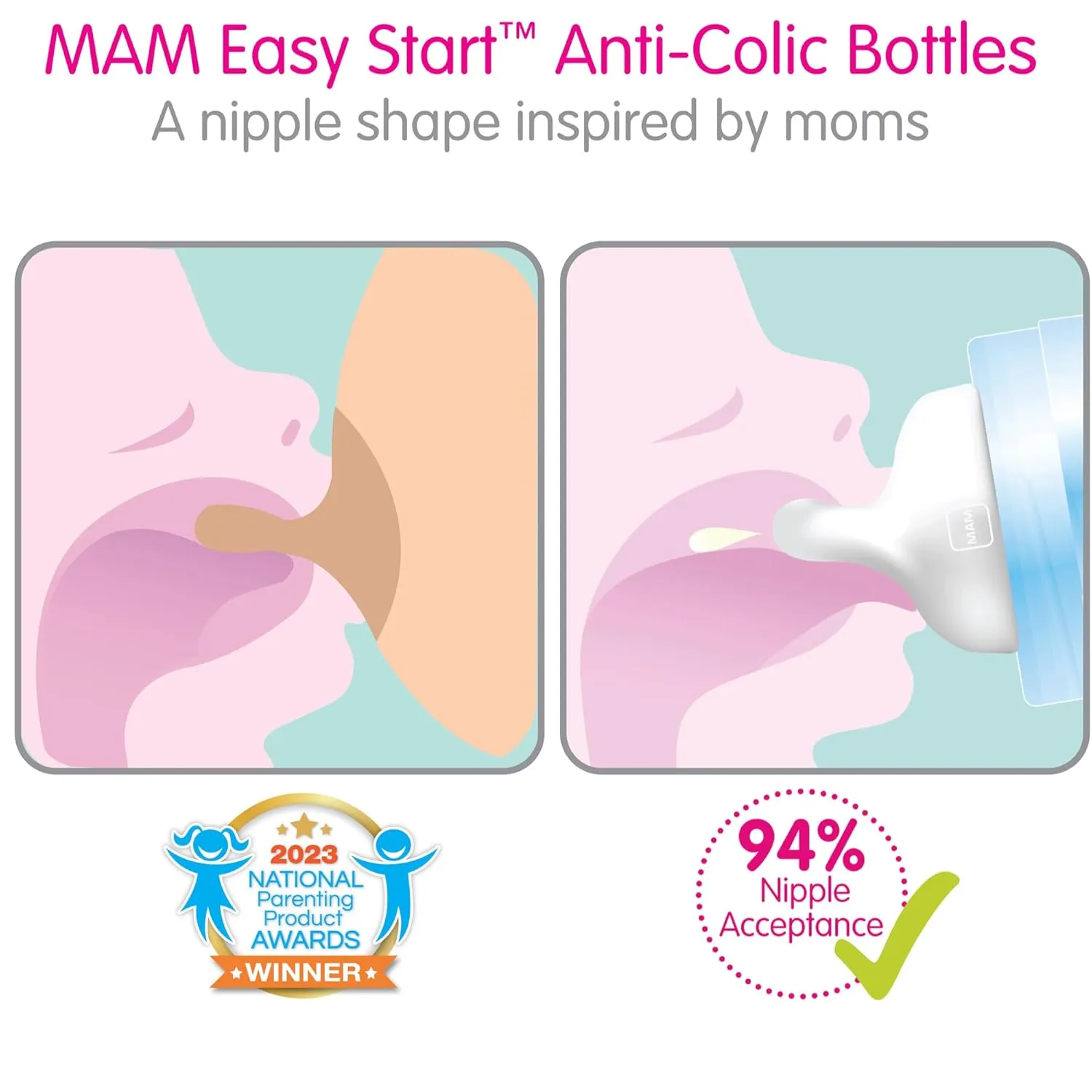 MAM Easy Start Anti-Colic Bottle, Baby Essentials, Medium Flow Bottles with Silicone Nipple & Easy Start Matte Anti-Colic Baby Bottles, 5oz (2 Count), Slow Flow Nipples, Baby Boy