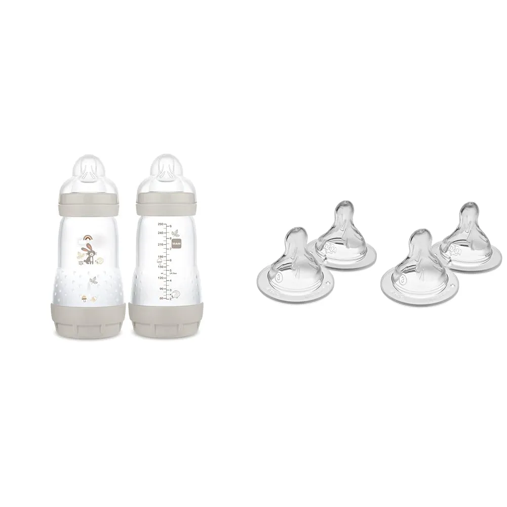 MAM Easy Start Matte Anti-Colic Baby Bottles, 9 oz (2 Count), Medium Flow Nipples & Bottle Nipples Fast Flow Nipple Level 3, for 4  Months, SkinSoft Silicone Nipples for Baby Bottles, Beige Linen