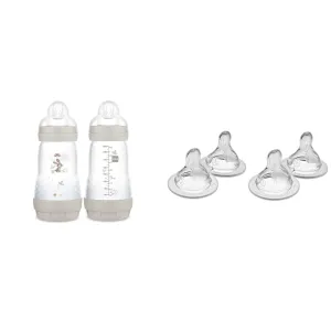 MAM Easy Start Matte Anti-Colic Baby Bottles, 9 oz (2 Count), Medium Flow Nipples & Bottle Nipples Fast Flow Nipple Level 3, for 4  Months, SkinSoft Silicone Nipples for Baby Bottles, Beige Linen