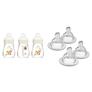 Mam Feel Good Glass Bottles, 5oz, 0  Months, 3 Pack - Mixed Flow Nipples: Level 1 Slow, Level 2 Medium (4 Pack)