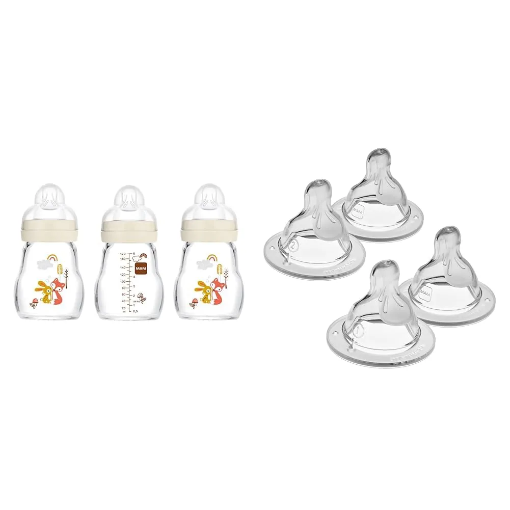 Mam Feel Good Glass Bottles, 5oz, 0  Months, 3 Pack - Mixed Flow Nipples: Level 1 Slow, Level 2 Medium (4 Pack)