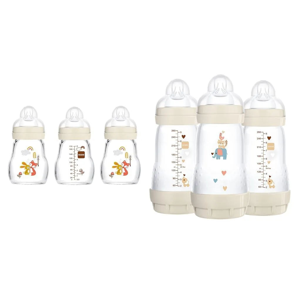 MAM Feel Good Glass Bottles and Anti-Colic Bottles Bundle, Premium 5oz 3 Pack and Easy Start 9oz 3 Pack