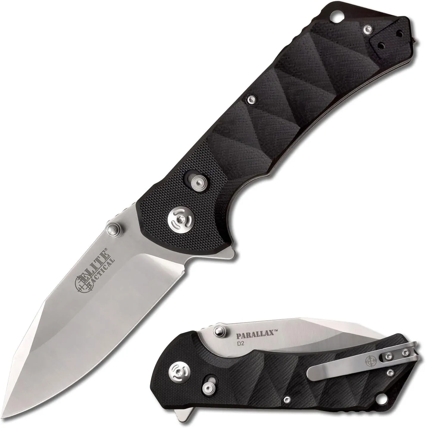 Manual Folding Knife w/D.L.M. - Parallax - Satin Finish Wharncliffe Blade, D2 Steel, Ball Bearing Pivot, G10 Handle w/Reversible Pocket Clip, EDC, ET-FDR005S
